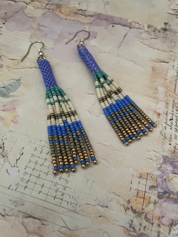 Beaded earrings, beaded fringe dangle boho statement earrings, summer, beach