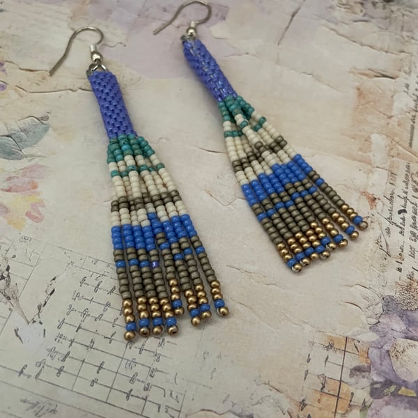Beaded earrings, beaded fringe dangle boho statement earrings, summer, beach