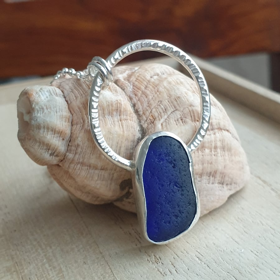 Blue seaglass pendant, Sterling silver hoop necklace, Gift for beach lover