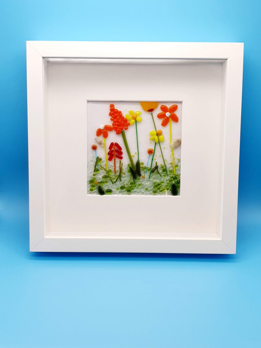 Fused Glass ‘Orange Flowers’ Framed Picture
