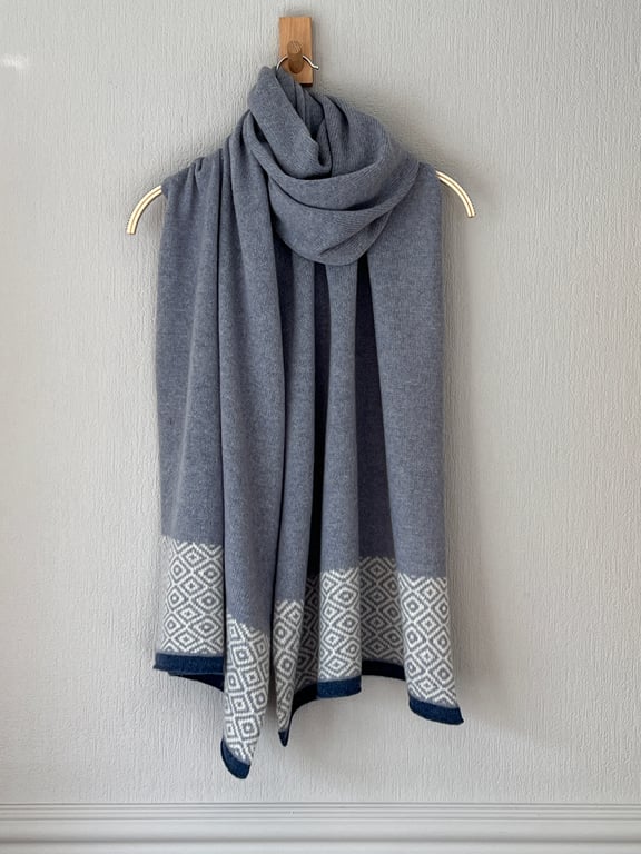 Shawl Scarf Wrap soft merino lambswool smoke blue with tile pattern