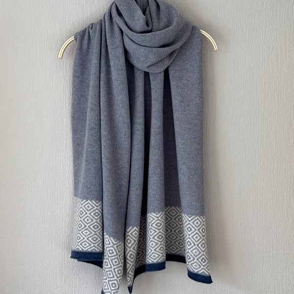 Shawl Scarf Wrap soft merino lambswool smoke blue with tile pattern