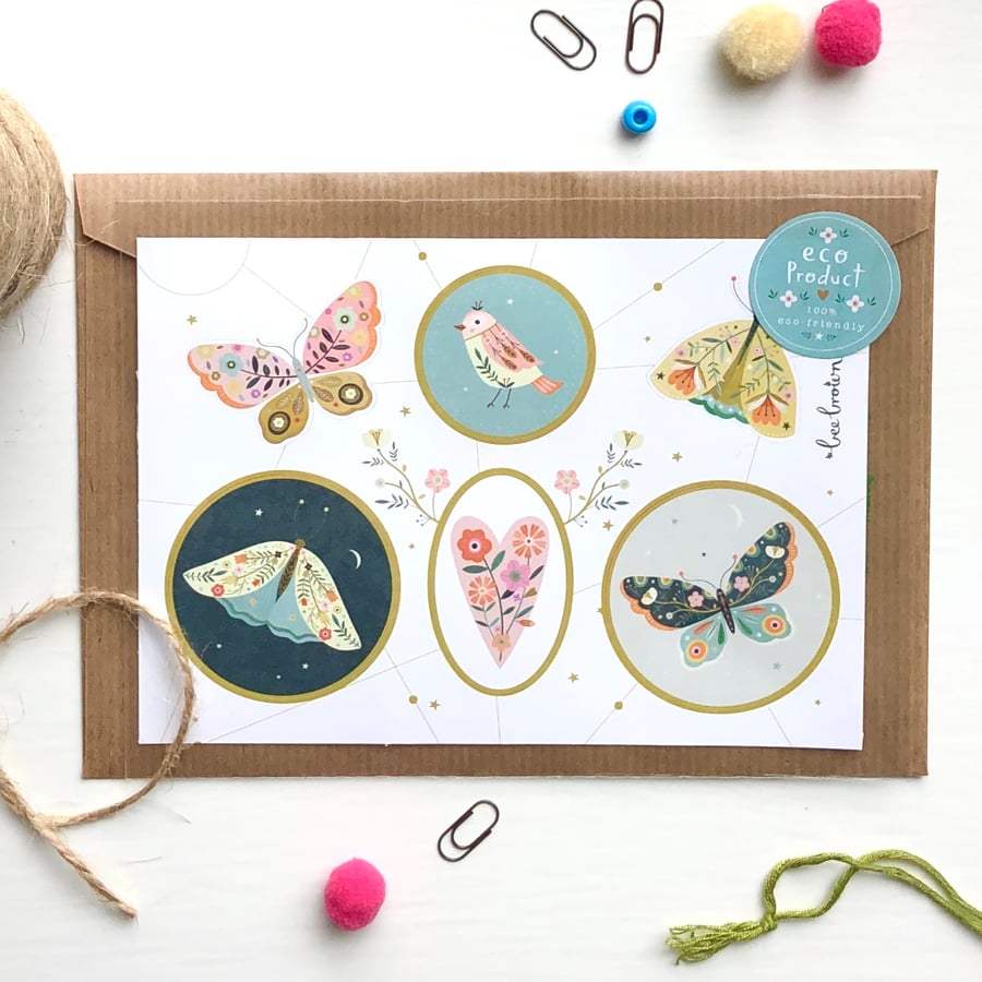 Decorative Bird & Insects Sticker Sheet