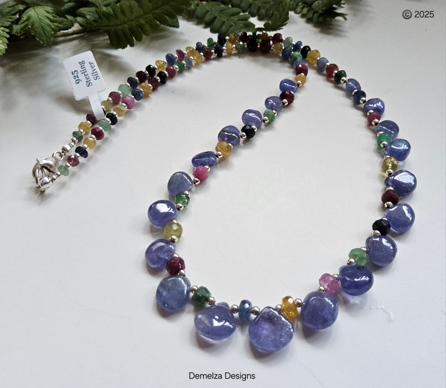 Designer AAA Grade Tanzanite, Sapphire, Ruby, Emerald Sterling Silver Necklace