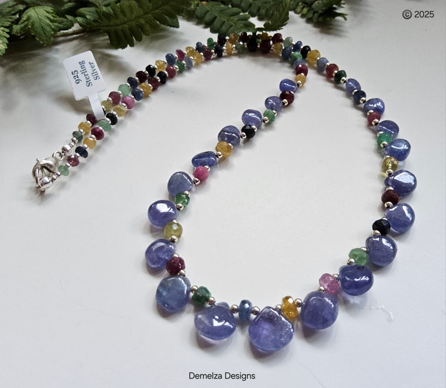 Designer AAA Grade Tanzanite, Sapphire, Ruby, Emerald Sterling Silver Necklace