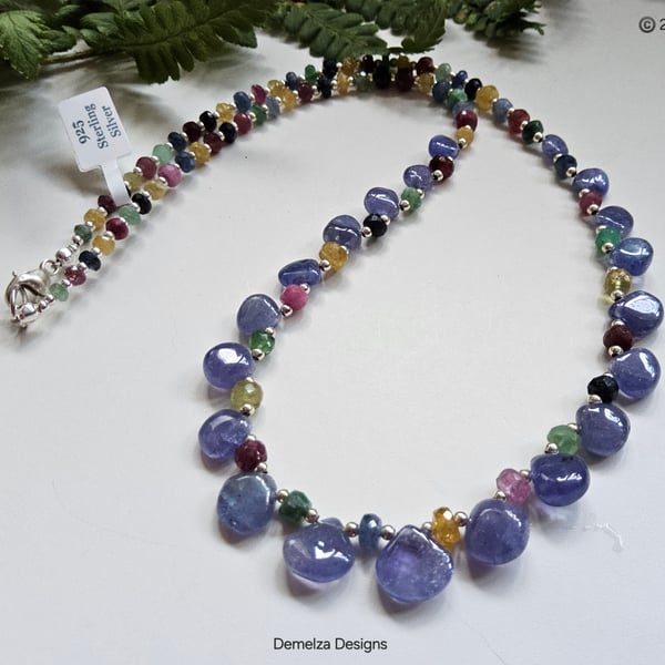 Designer AAA Grade Tanzanite, Sapphire, Ruby, Emerald Sterling Silver Necklace