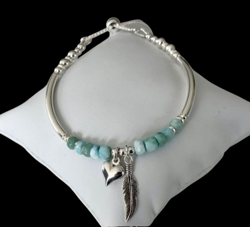 Blue Larimar Heart & Feather Charm Bracelet