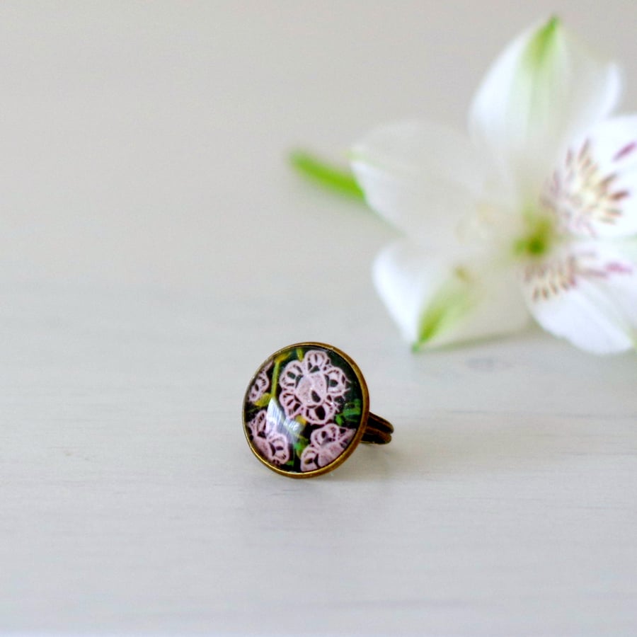 Floral Adjustable Ring, Glass and Bronze Ring with Art Print, White Flower Ring 