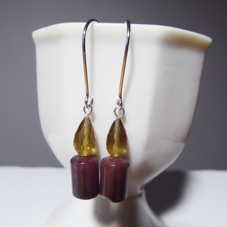 Sterling Silver Earrings Brown Indian Agate Candle & Faceted Honey Quartz Flame