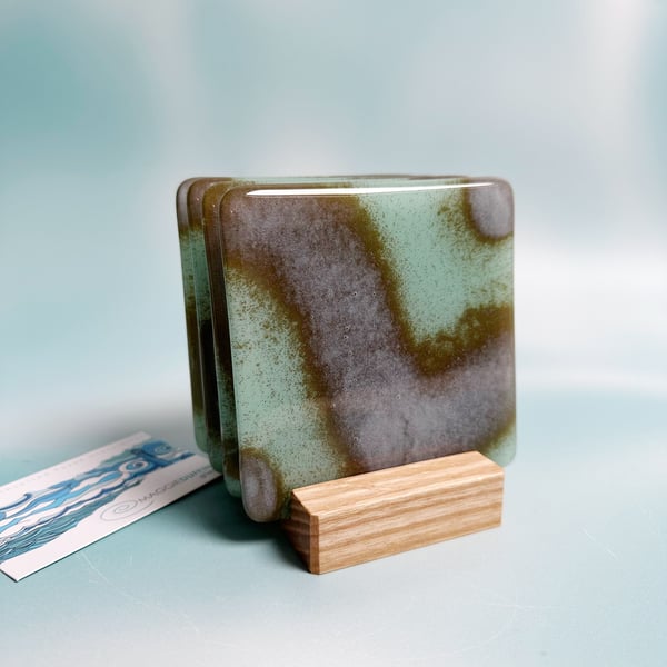 Set of 4 Fused Glass Abstract Coasters-Duck Egg Blue