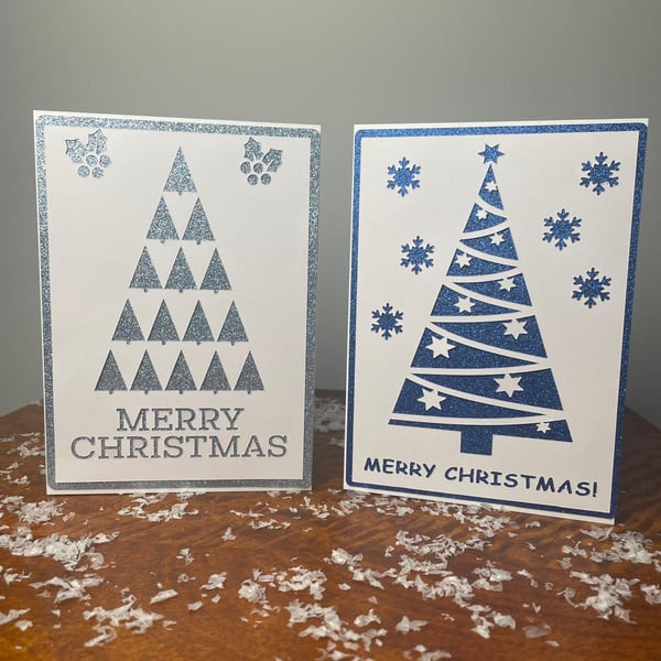Handmade Laser Cut Christmas Cards – Glitter Tree Design – Set of 2 Festive Card