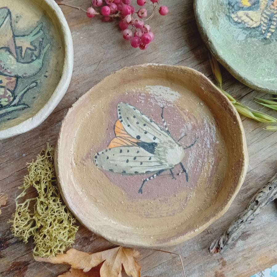 Ceramic trinket dish handpainted rustic earthenware pottery-salt Marsh moth