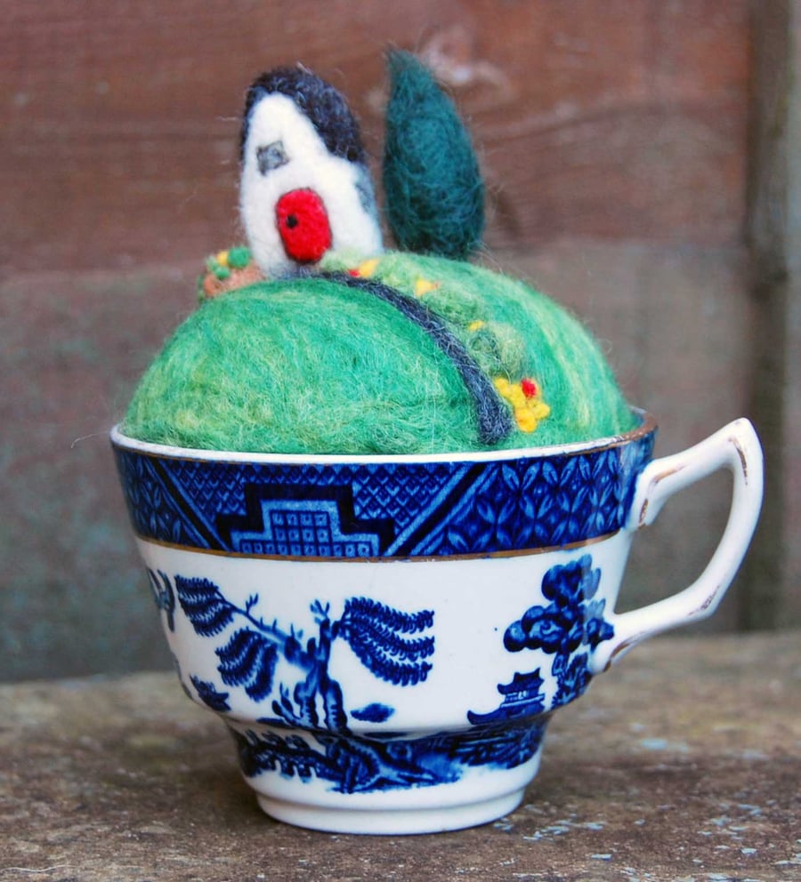 Needle Felted Pincushion in Vintage Teacup 