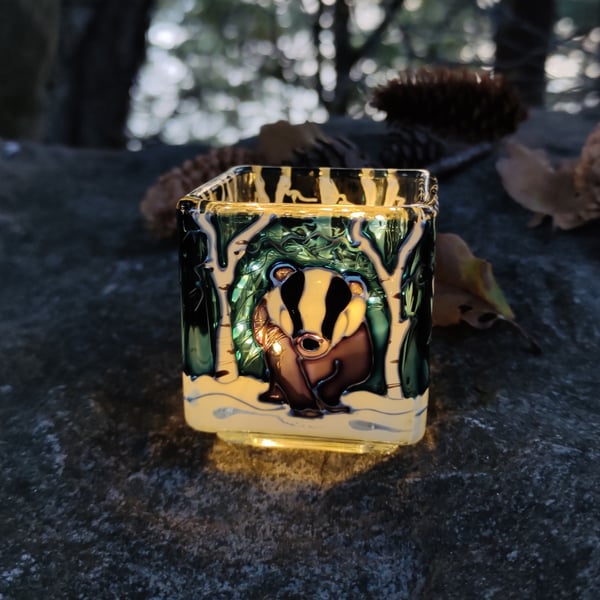 Candle holder, hand painted glass, badger