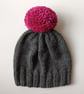 Bobble Hat in Grey Chunky Yarn with Pink Pom Pom - Image 3