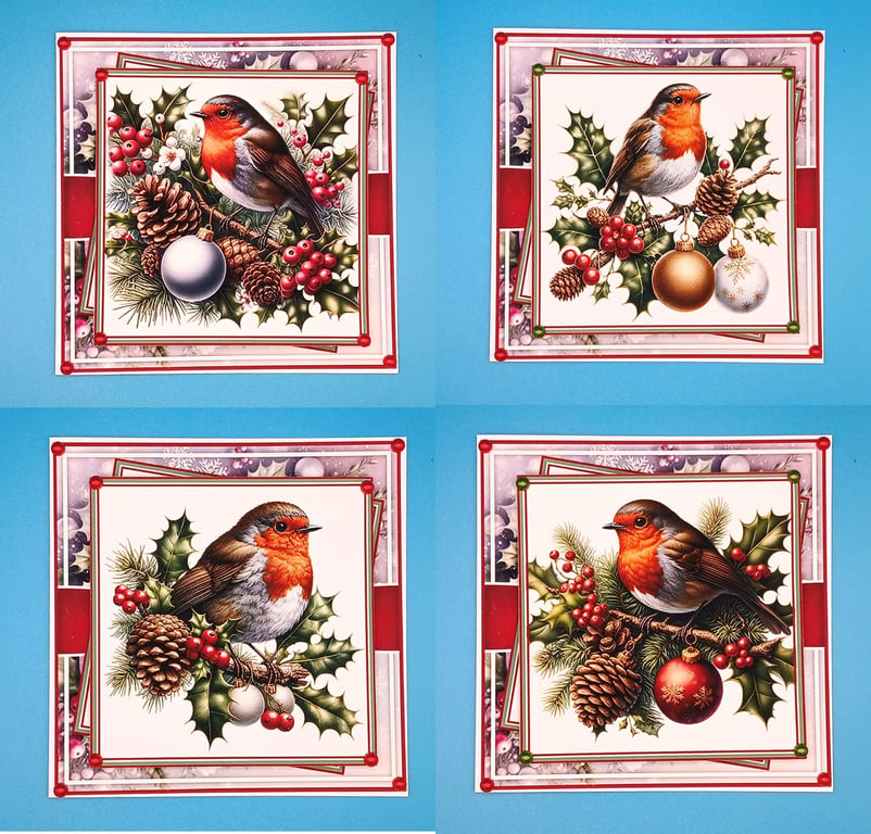 Set Of 4 Robin Christmas Cards, 6x6 inches, 15x15 cms 