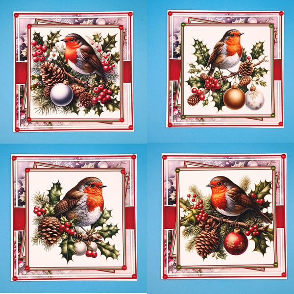 Set Of 4 Robin Christmas Cards, 6x6 inches, 15x15 cms 