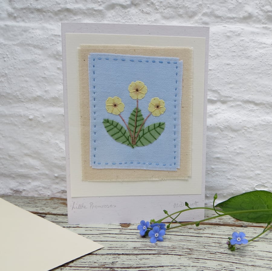 Little Primroses hand-stitched card hand-dyed fabrics delicate and very pretty
