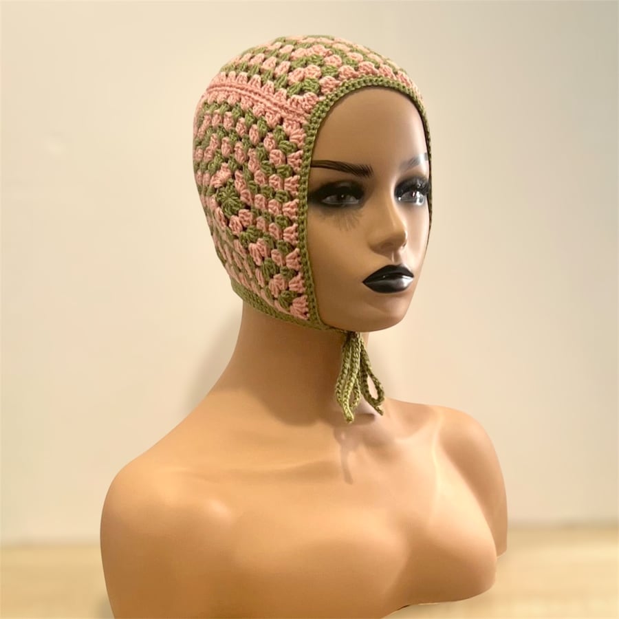 Granny Square Bonnet – Pink and Green Crochet Festival Hat with Ties