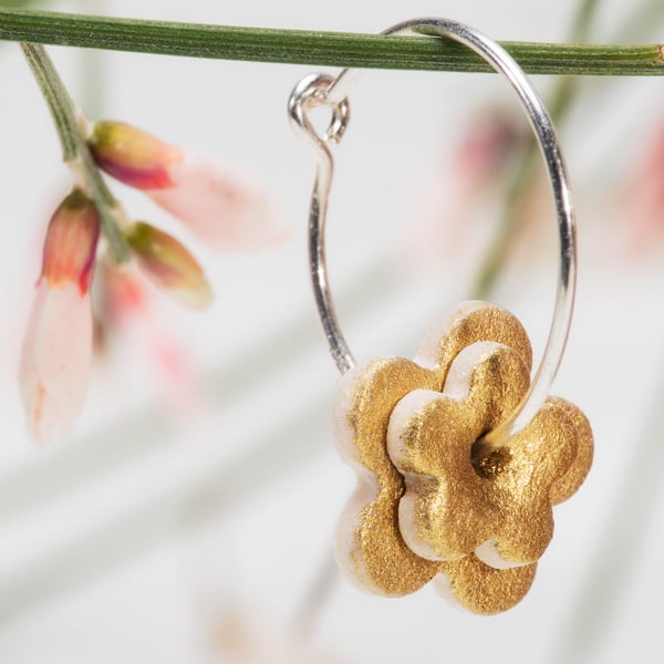 Porcelain Double Blossom Hoop Earrings - gold