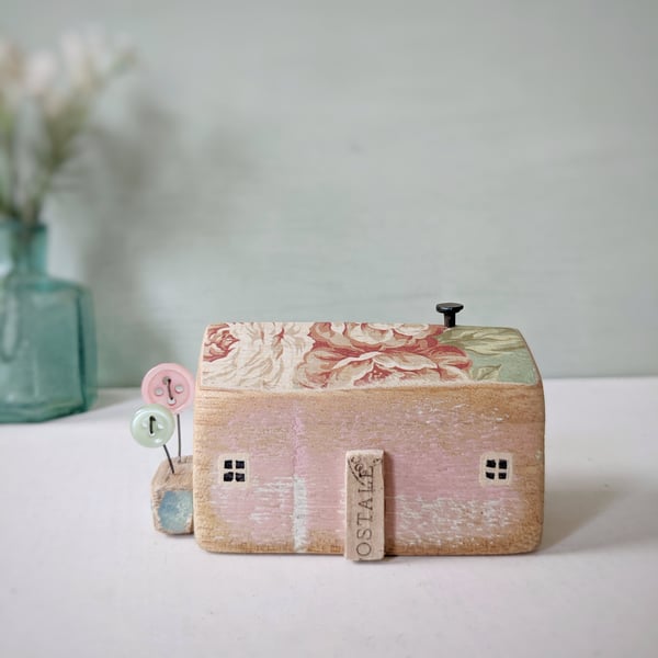 Little Handmade Wooden House with Teeny Button Flower Garden