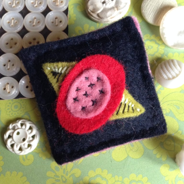 Pink and Red Stylised Flower Felt Brooch with Embroidered Detail