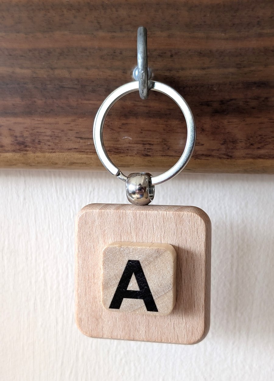 Alphabet letter tile wooden keyring - bagcharm - A