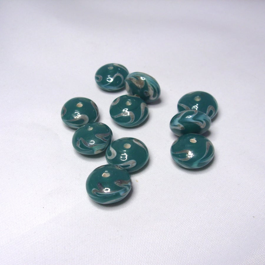Pkt 10 ceramic rondelle beads Teal colour