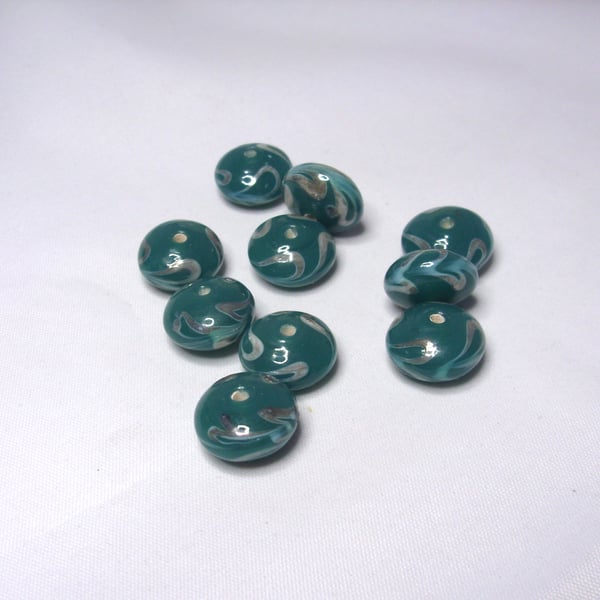 Pkt 10 ceramic rondelle beads Teal colour