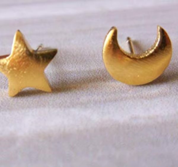 Gold Plate Star and Moon Stud Earrings