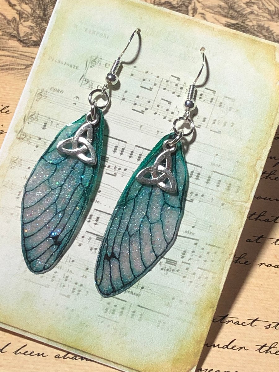 Dark Green Triquetra Fairy Wing Earrings Sterling Silver