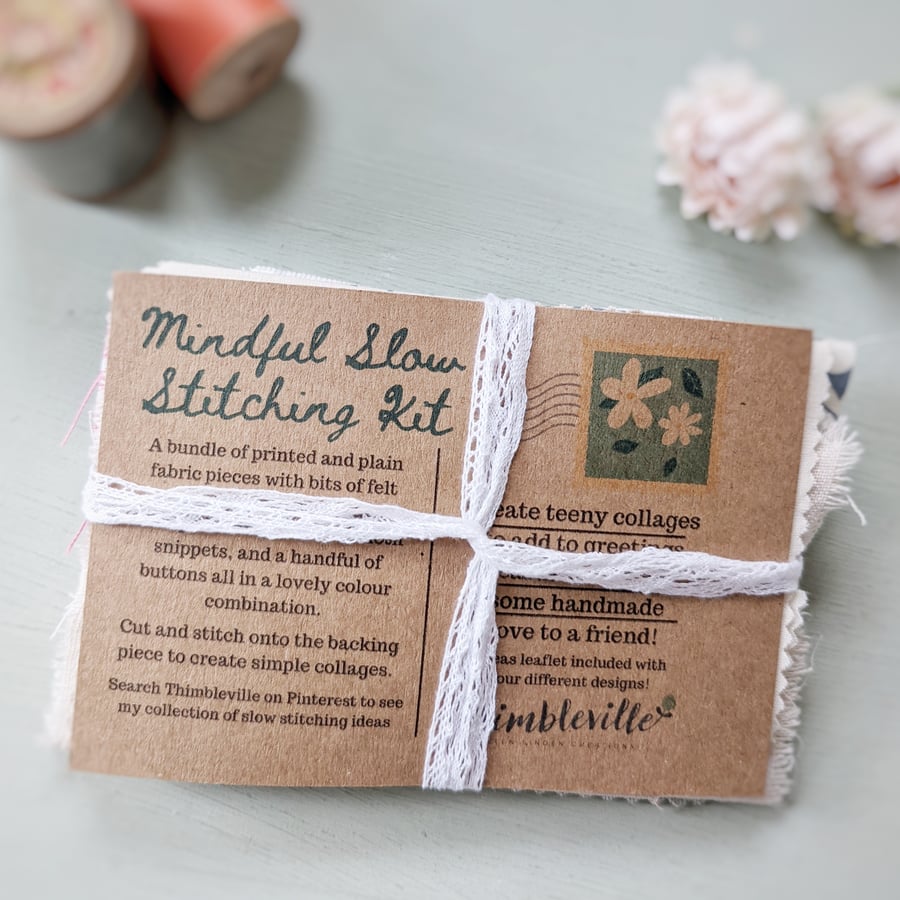 Mindful Slow Stitching Kit, Fabric, Words and Buttons Bundle Vintage 
