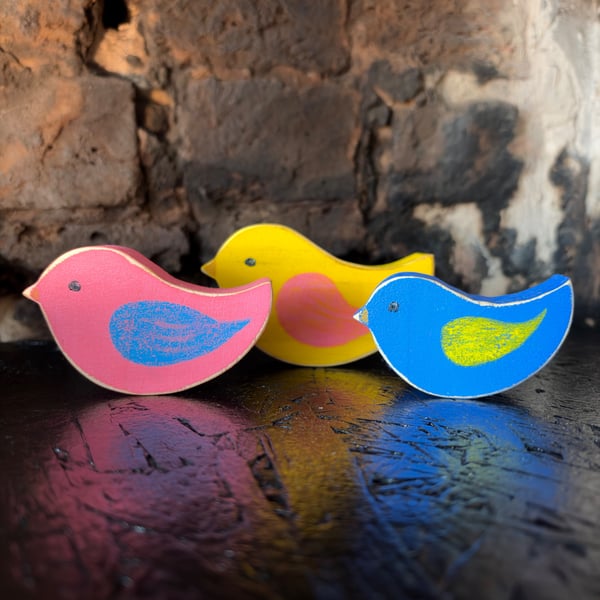 Set of 3 Colourful Wooden Birds – Hand Painted Folk Art Birds