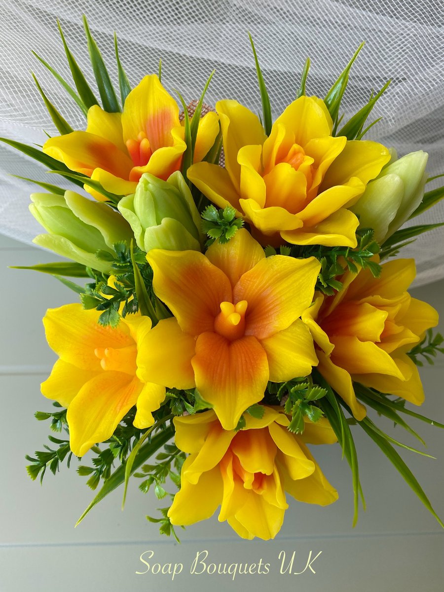 Bouquet of Solid Vegan Soap Flowers: Vibrant Yellow Lilies with Orange Tints