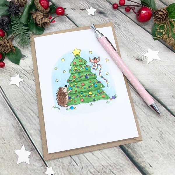 Hedgehog Christmas Tree Card - Christmas Greetings Card - Personalised