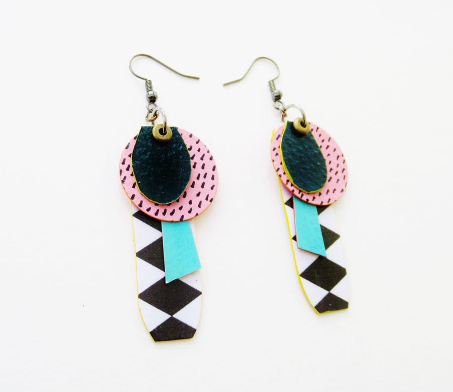 Earrings OOAK Harlequin Black White Checked Pink Turquoise Flamboyant Jewellery 