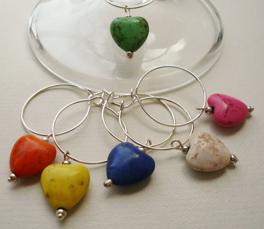  Dyed Howlite Stone Heart Wine Glass Charms Set of 6  WG11