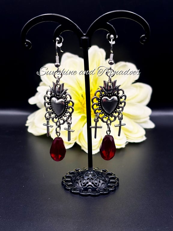 Gothic Heart and Cross Earrings - Red Heart Earrings - Handmade - Drop Earrings