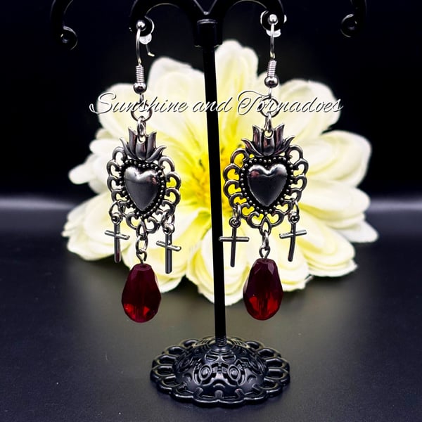 Gothic Heart and Cross Earrings - Red Heart Earrings - Handmade - Drop Earrings