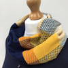 Handwoven infinity cowl scarf - yellow, navy and orange snood - a luxury gift