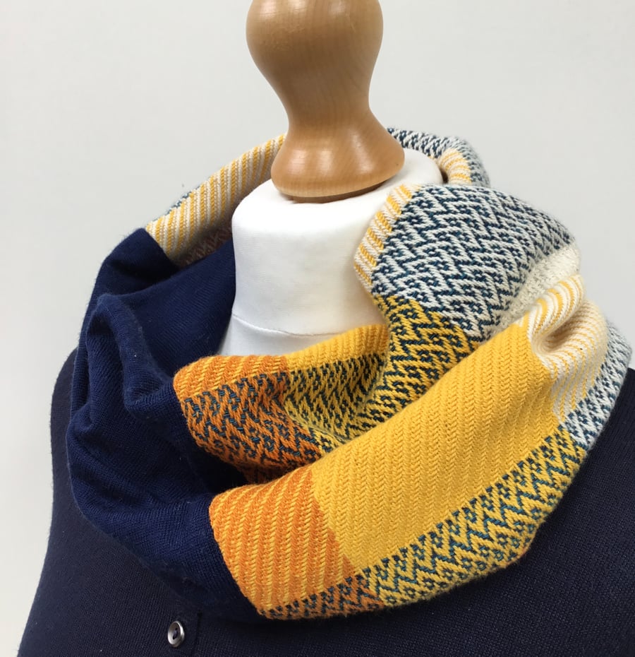 Handwoven infinity cowl scarf - yellow, navy and orange snood - a luxury gift