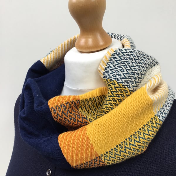 Handwoven infinity cowl scarf - yellow, navy and orange snood - a luxury gift