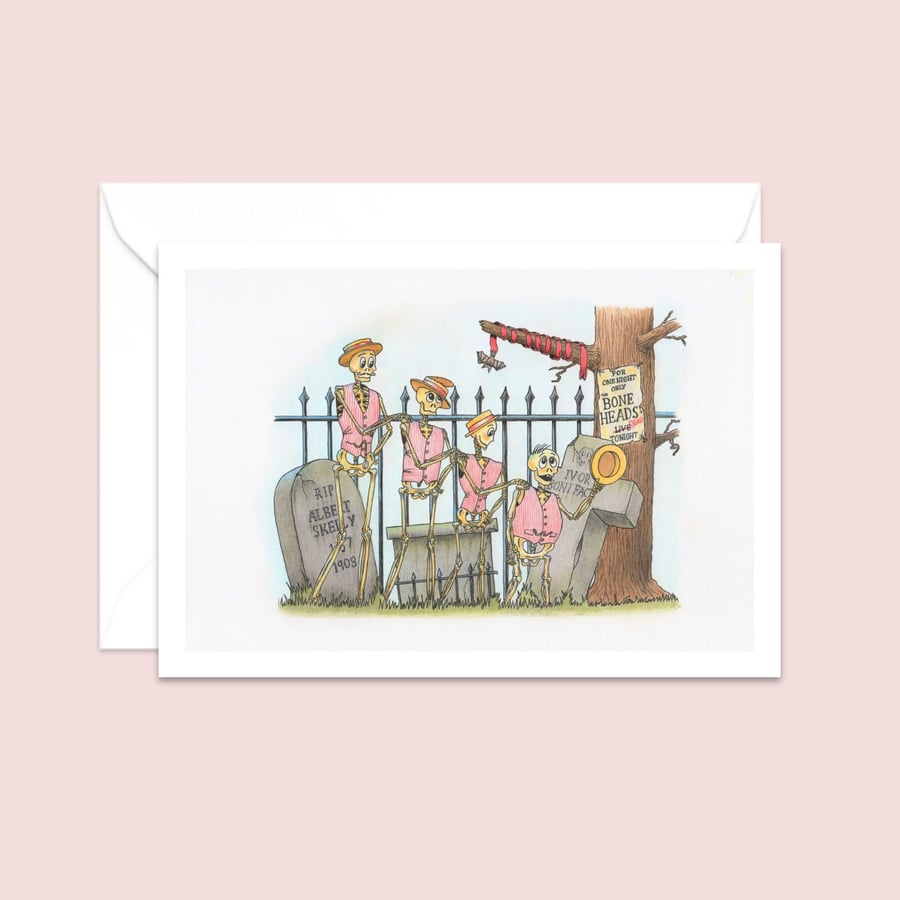Skeletons Greeting Card: Hand Drawn Barbershop Quartet Illustration (503)