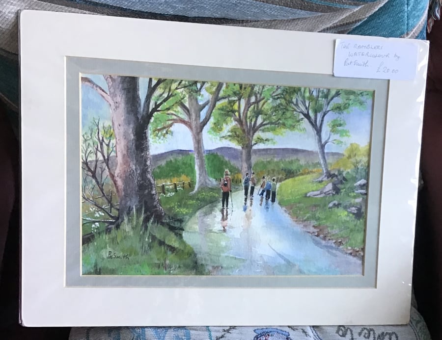 Original Watercolour Painting, Country Walk, Walkers, Unframed, double mount