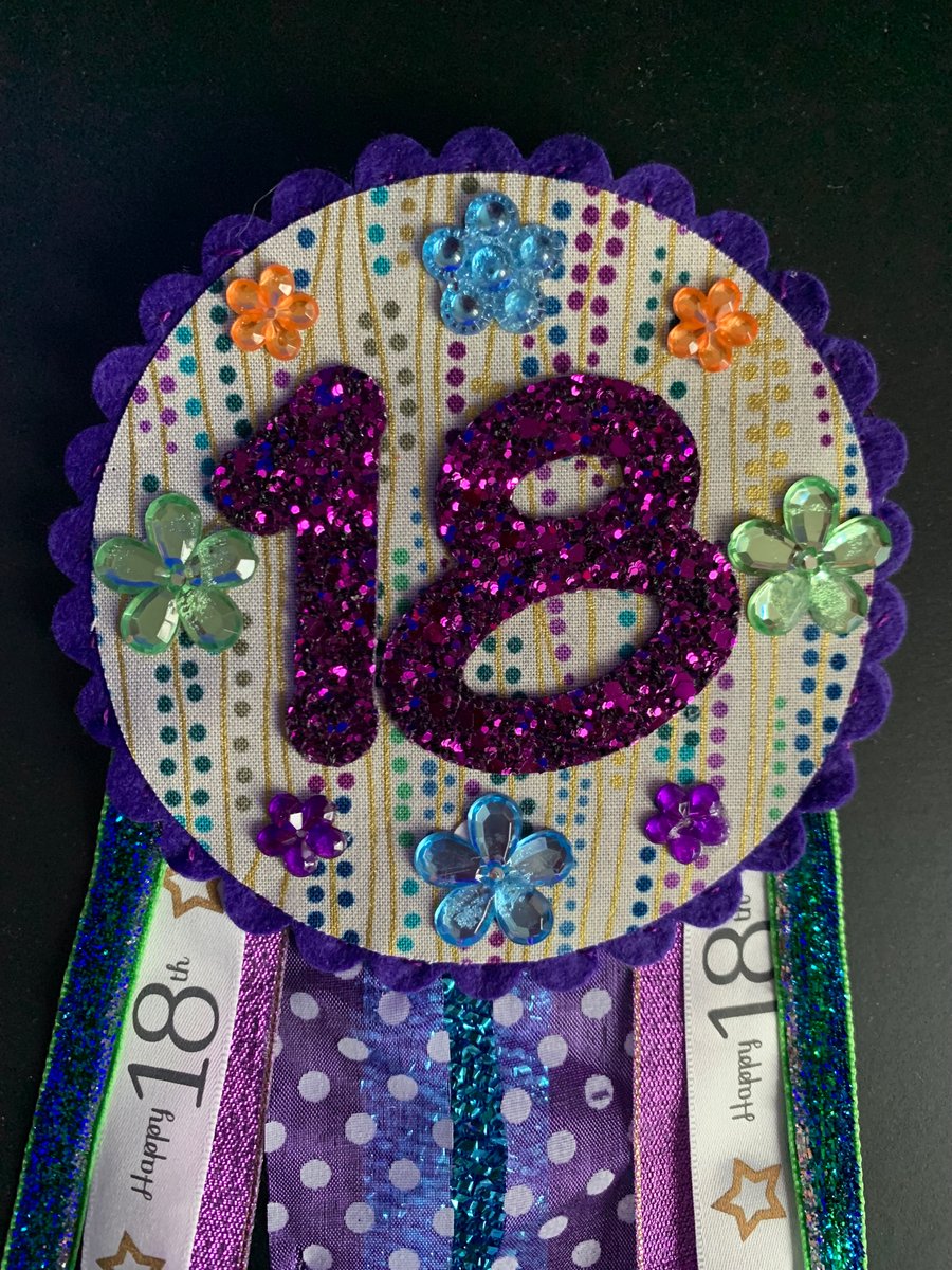 Birthday badge-Rosette Personalised - pretty - 18th- female