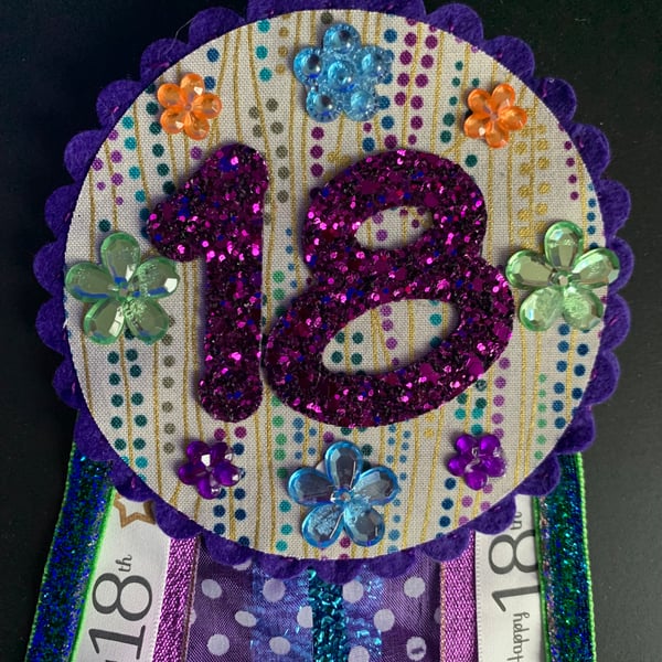 Birthday badge-Rosette Personalised - pretty - 18th- female