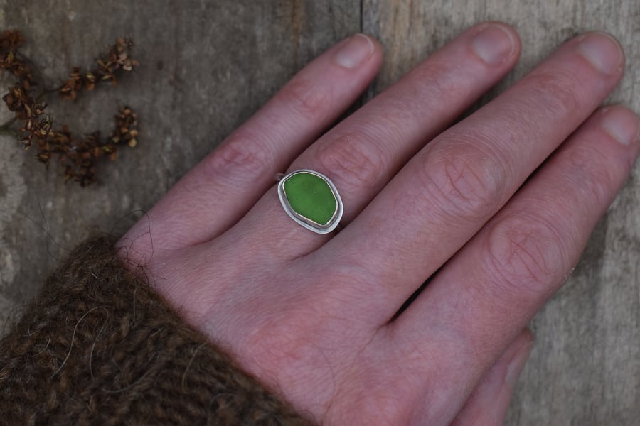 Sea Glass and Recycled Silver Ring, Size N, Bright Green Scottish Sea Glass