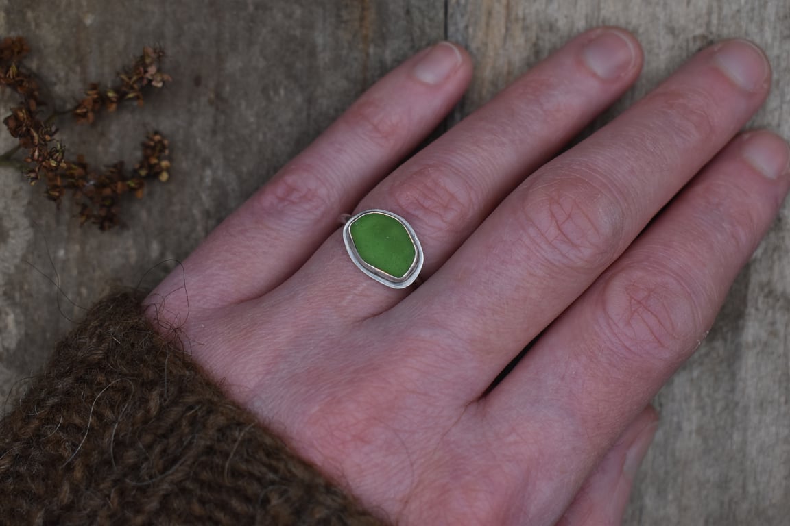 Sea Glass and Recycled Silver Ring, Size N, Bright Green Scottish Sea Glass