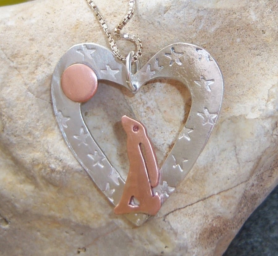 Hare, moon and heart pendant