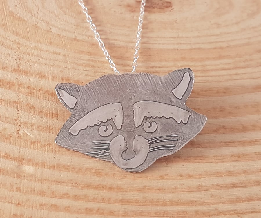 Sterling Silver Etched Raccoon Necklace